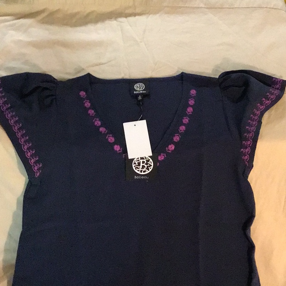 Bobeau Embroidered V-neck flutter sleeve top